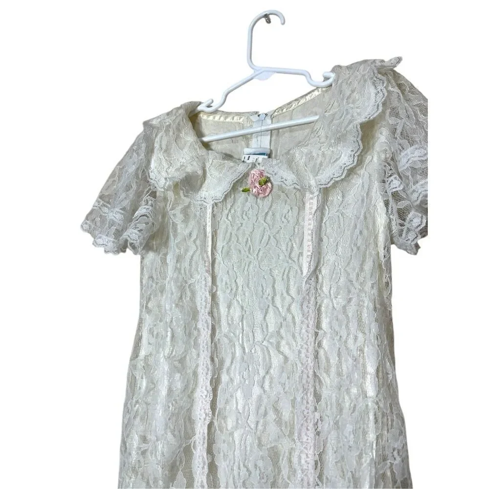 Vintage Jessica McClintock GUNNE SAX White Lace Trim Cottage Prairie Girls Dress